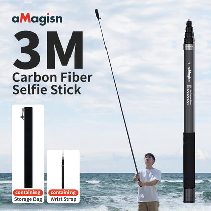aMagisn 3M Invisible Selfie Stick - 1.2M Carbon Fiber Telescopic Monopod for DJI, GoPro, Insta360 X3/X4 Accessories
