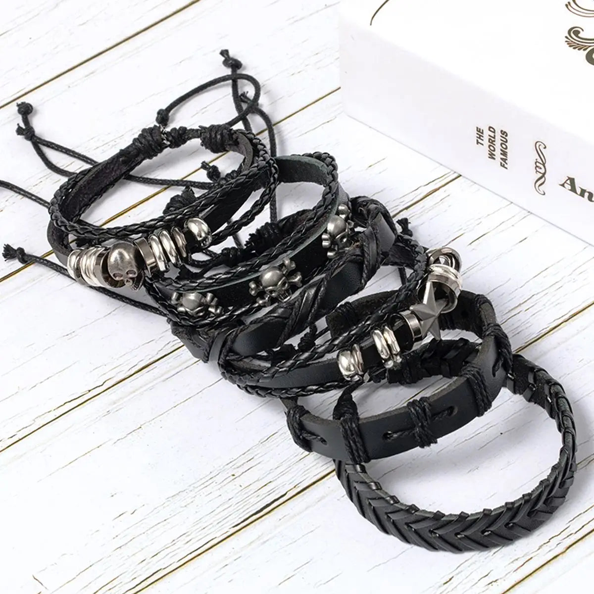 6PCS Black Punk Bracelet Set – Skull & Star Shaped Alloy with PU Leather