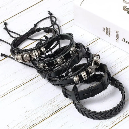 6PCS Black Punk Bracelet Set – Skull & Star Shaped Alloy with PU Leather