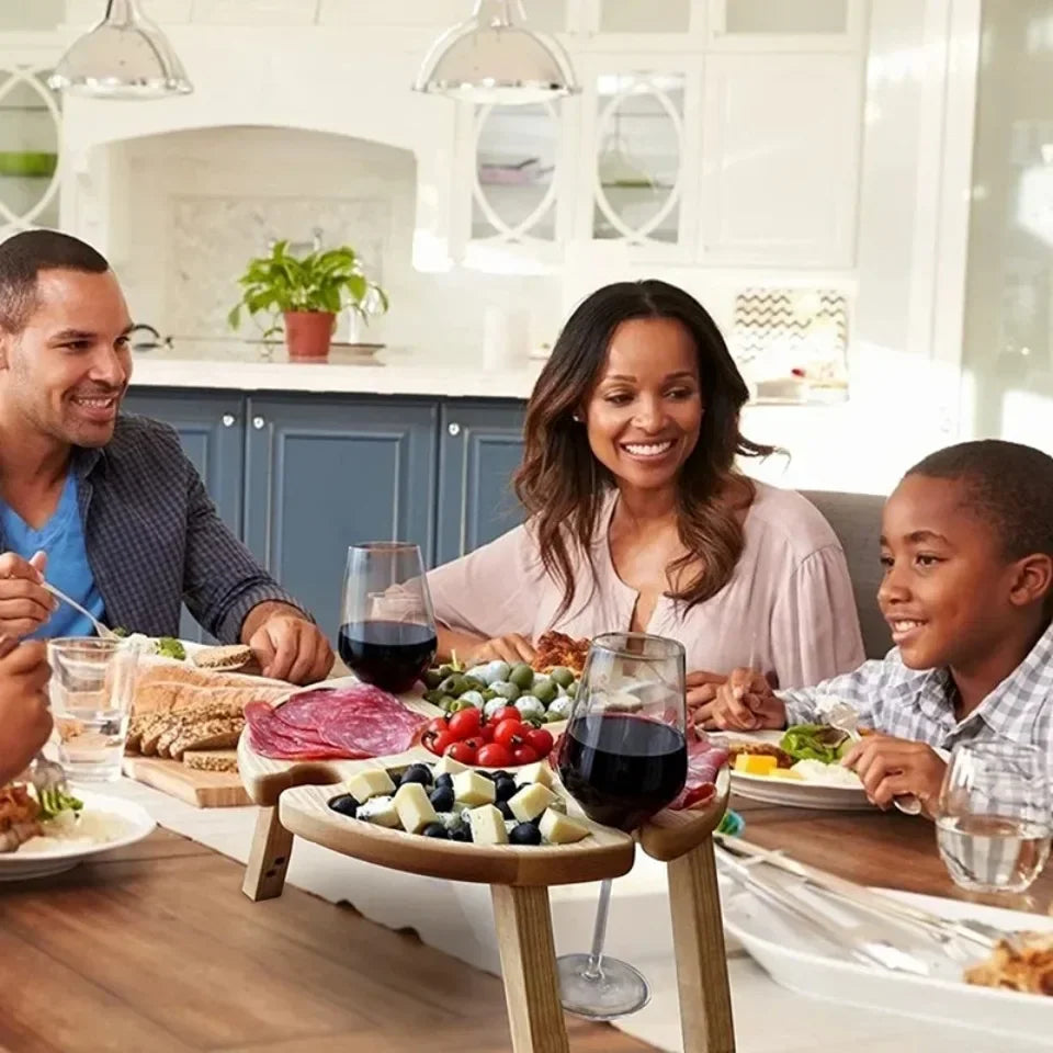 Wooden Folding Picnic Table – Round Foldable Desk with Wine Glass Rack, Portable Snack Table for Outdoor Camp