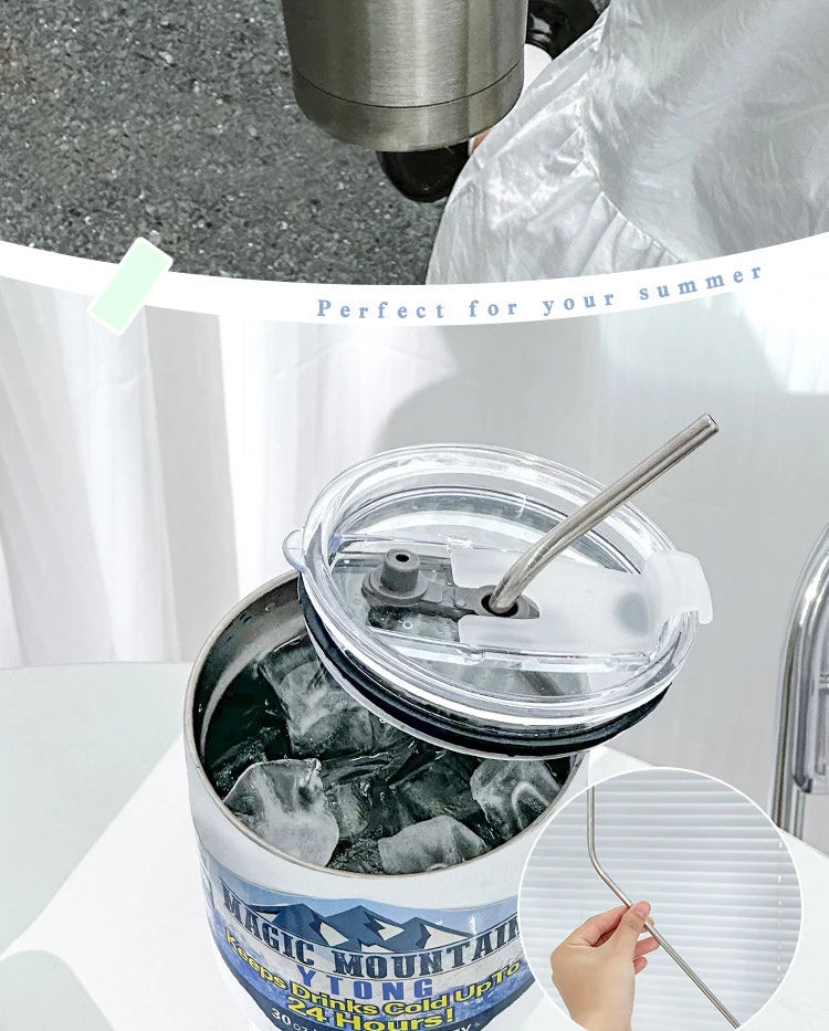 Magic Stainless Steel Thermos Cup with Straw – Vacuum Insulated Ice Coffee Travel Bottle for Car, Outdoor & Mountain Use