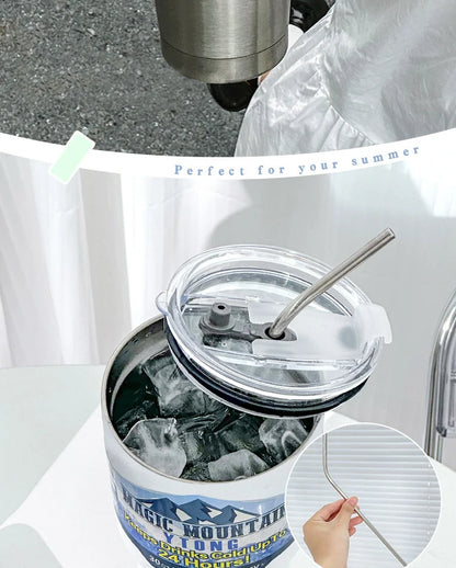 Magic Stainless Steel Thermos Cup with Straw – Vacuum Insulated Ice Coffee Travel Bottle for Car, Outdoor & Mountain Use