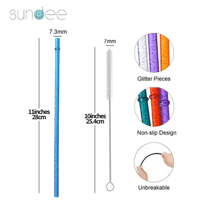 12Pcs Colorful Glitter Reusable Drinking Straws - 11-Inch Eco-Friendly Plastic Straws with Cleaning Brush, Assorted Mixed Colors Set