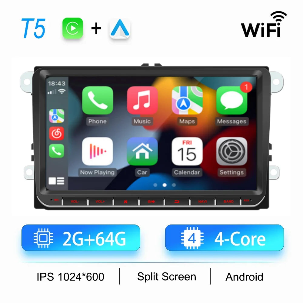 2DIN Android Car Radio for Volkswagen Golf 5/6, Polo, Passat B6/B7, CC, Skoda, Jetta - Multimedia, CarPlay, Wifi & GPS Navigation