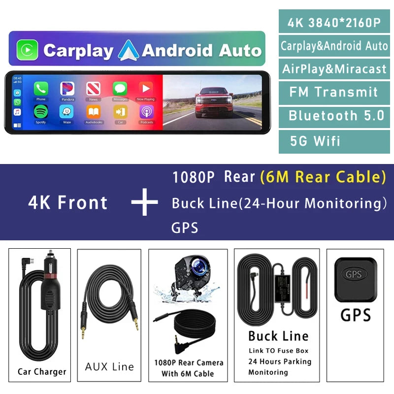11.26" 4K 2160P Car DVR Dash Cam – CarPlay, Android Auto, GPS, WiFi, Bluetooth, FM, Rear View Mirror Camera & Drive Recorder