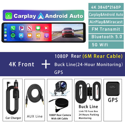 11.26" 4K 2160P Car DVR Dash Cam – CarPlay, Android Auto, GPS, WiFi, Bluetooth, FM, Rear View Mirror Camera & Drive Recorder