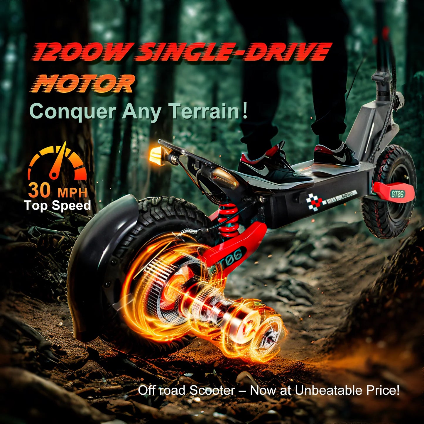 30MPH Electric Scooter with 1200W Motor – 20/40 Mile Range, Spring Damping, Disc Brake & 11" Off-Road Folding Tires