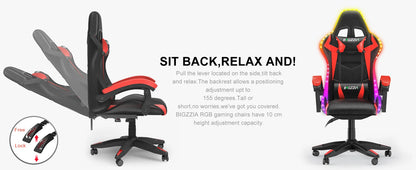 RGB Gaming Chair with LED Lights – Ergonomic PU Leather High Back Reclining Office Chair with Headrest