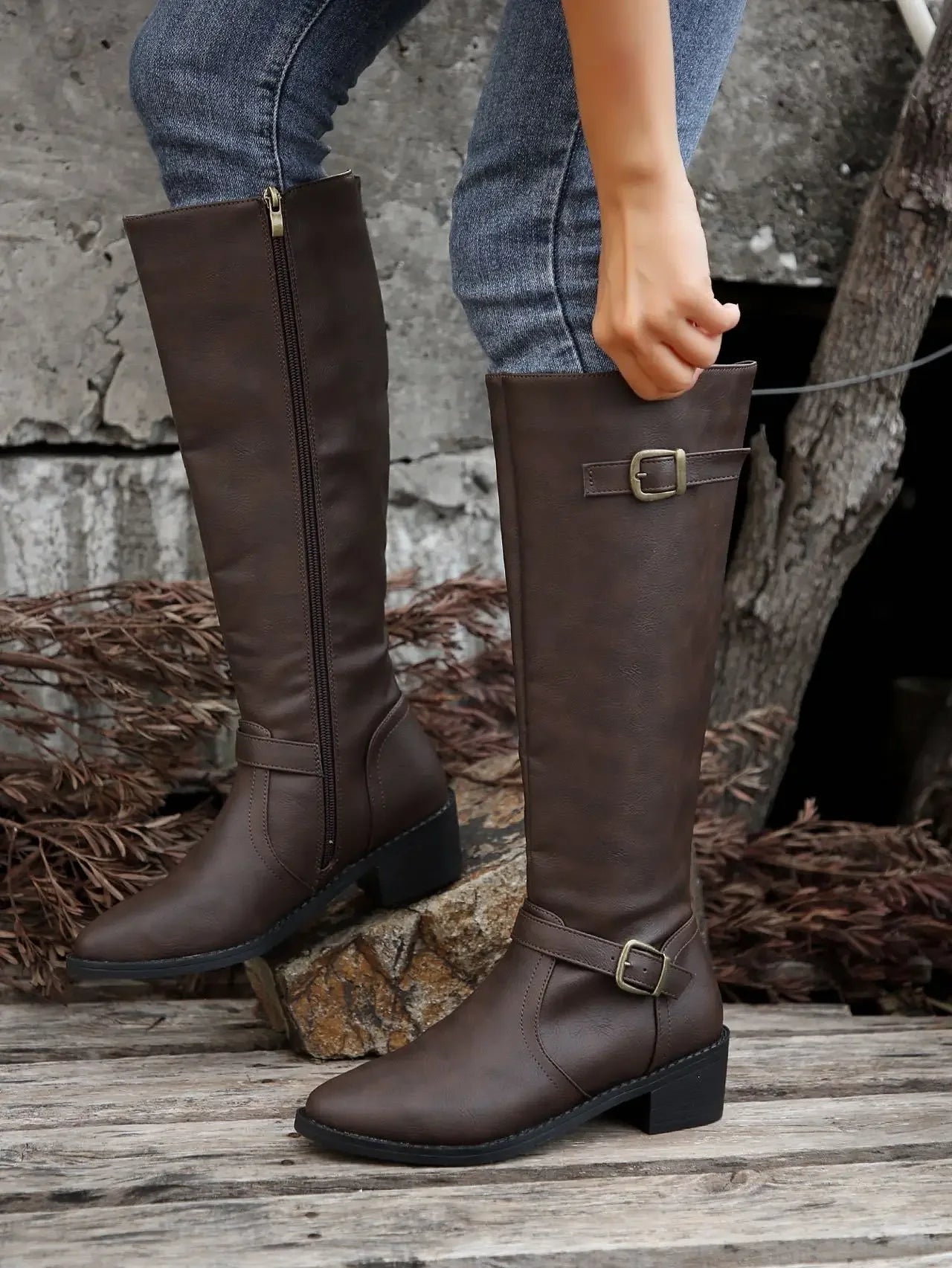 Women’s Winter High-Top Knight Boots – Side Zipper & Belt Buckle, Pointed Toe, PU Material with Cotton Lining