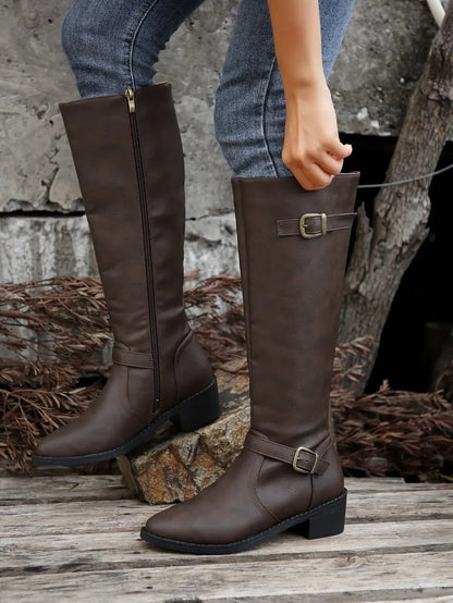 Women’s Winter High-Top Knight Boots – Side Zipper & Belt Buckle, Pointed Toe, PU Material with Cotton Lining