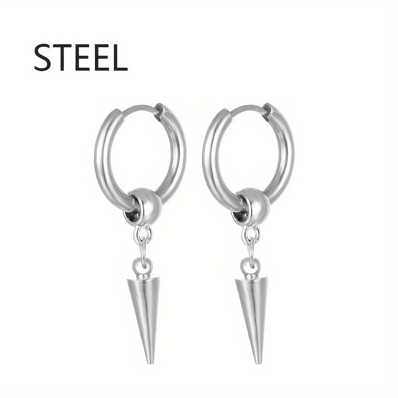 Fashion Stainless Steel Men's Cone Pendant Earrings | Retro Punk Hip-Hop Style Dangle Earrings for Men