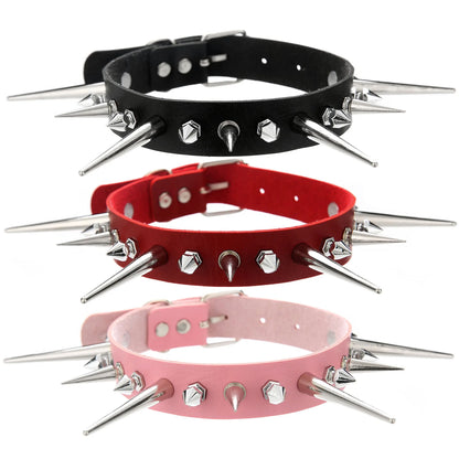 Goth Long Spike Choker – Punk Faux Leather Collar for Women & Men, Big Rivets Studded Gothic Style Necklace Accessories