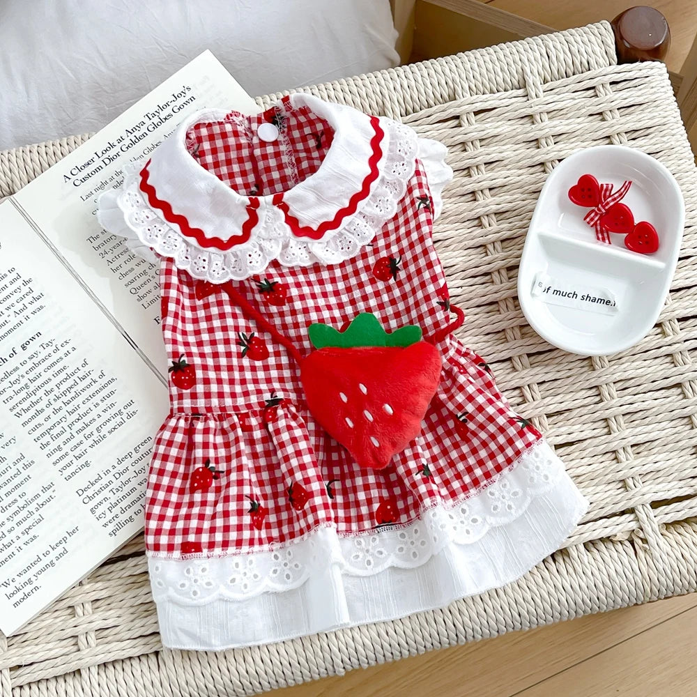 Strawberry Plaid Summer Dress for Dogs – Cute Puppy & Small Dog Apparel for Yorkie, Chihuahua, Pugs, and Small to Medium Pets