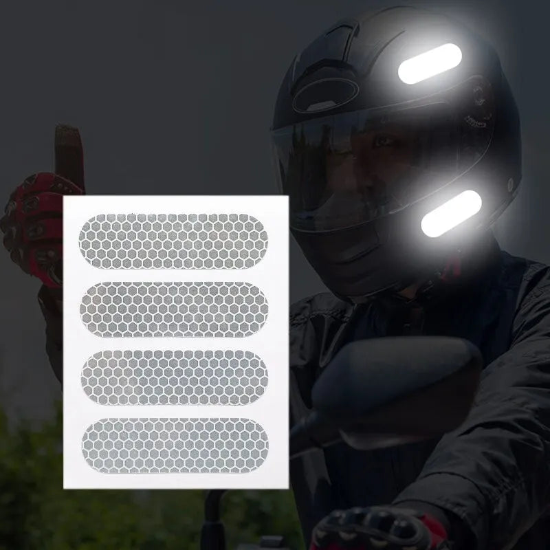 High Visibility Retro Reflective Stripes Stickers for Motorcycle Helmet - 2 Sheets with 4pcs White Reflectors, 7cm x 2cm Each - Safety Warning Mark