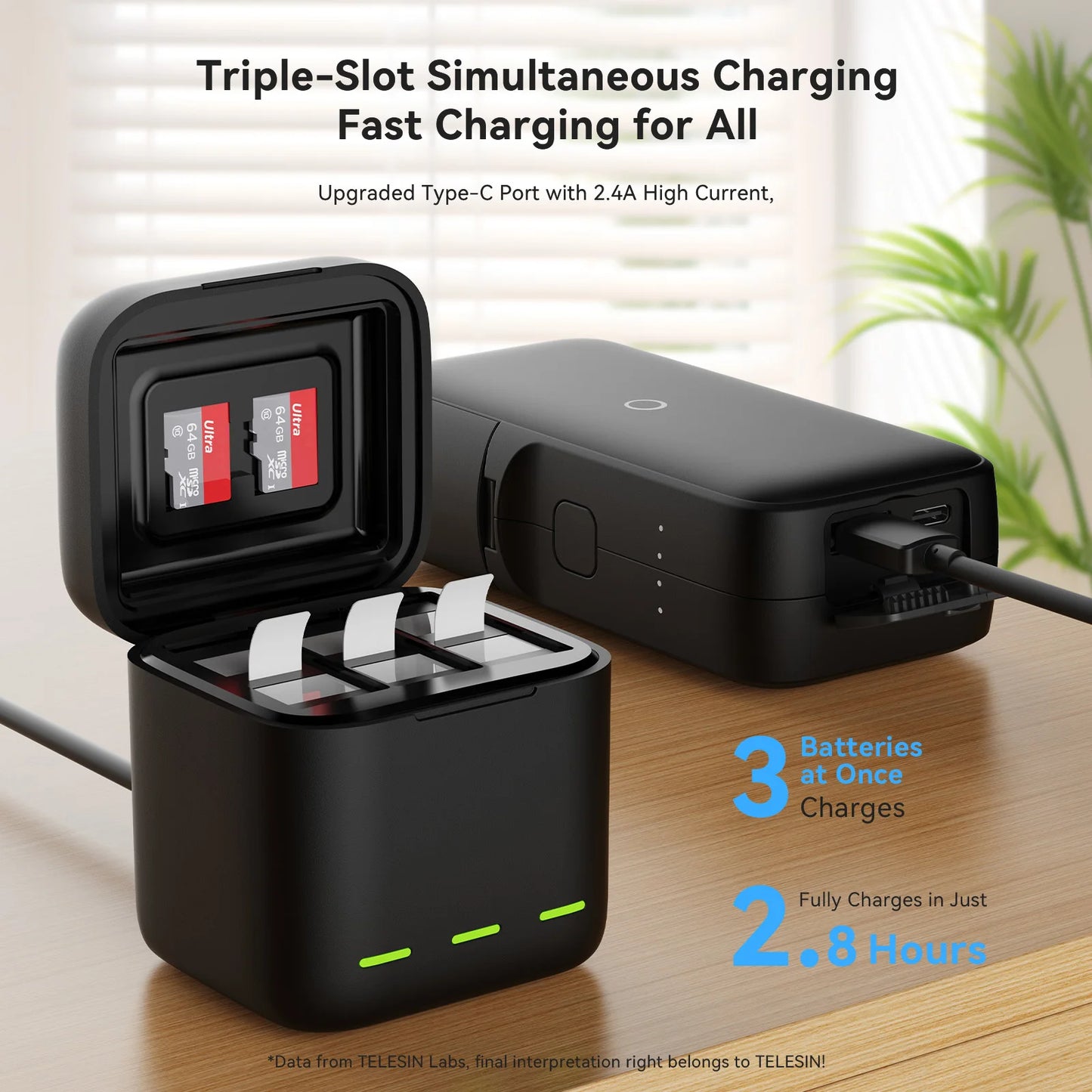 TELESIN 3-Slot Fast Battery Charger for GoPro Hero 13 – Portable Charging Dock for Action Camera Accessories