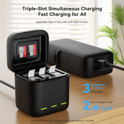 TELESIN 3-Slot Fast Battery Charger for GoPro Hero 13 – Portable Charging Dock for Action Camera Accessories
