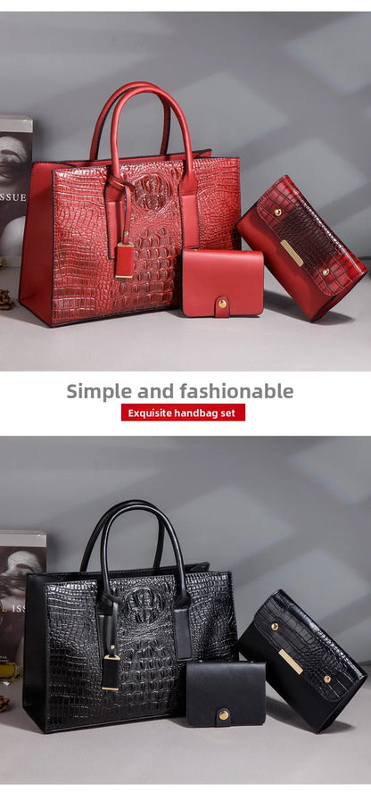 New Crocodile Pattern Handbag Set for Women — 3Pcs Tote, Shoulder Bag & Clutch, Large Capacity Fashion Set