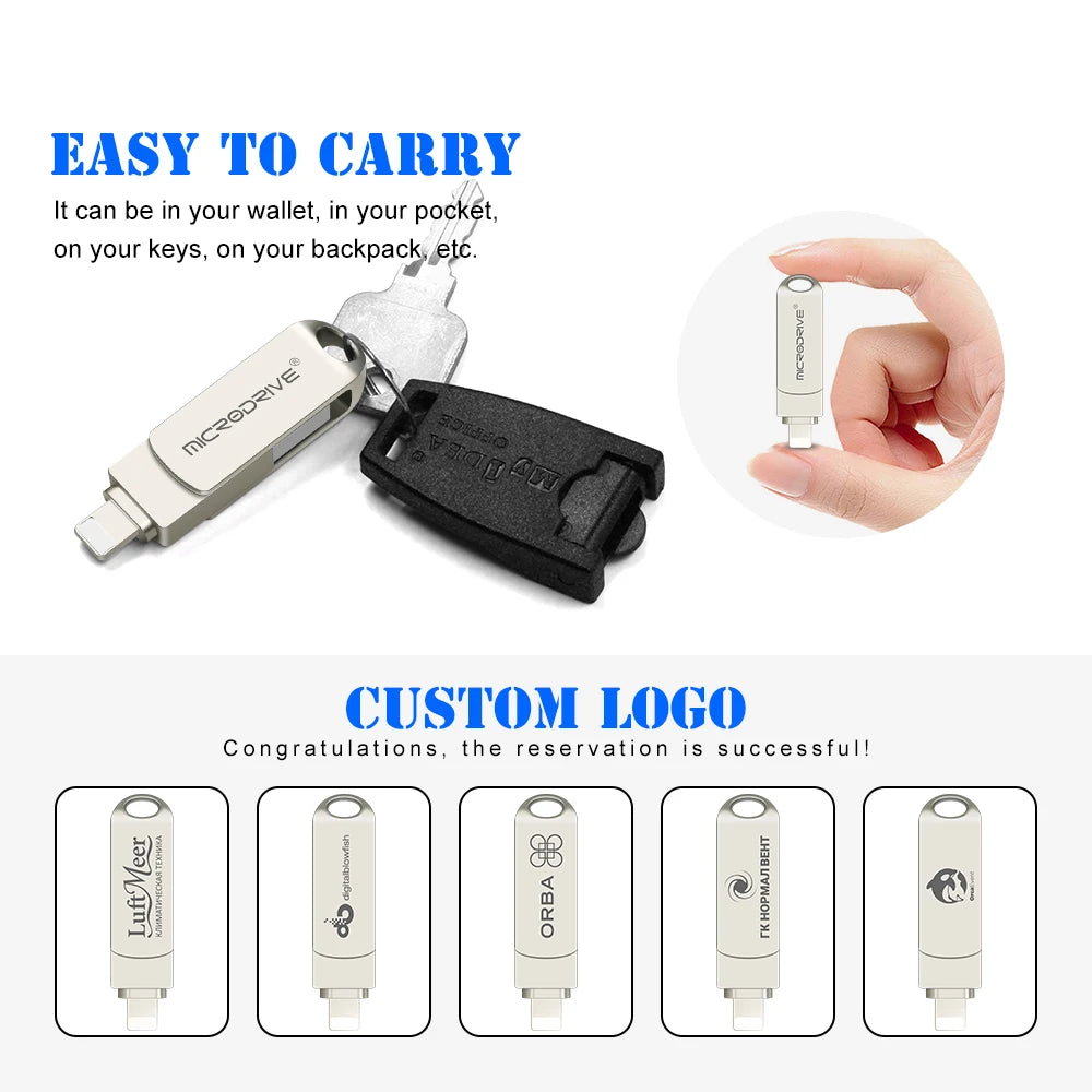 Metal OTG USB 3.0 Pen Drive – 32GB, 64GB, 128GB, 256GB Memory Stick for iPhone, iPad, Lightning, iOS