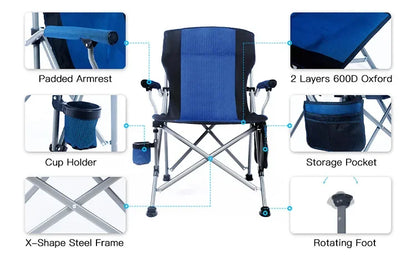 Outdoor Folding Fishing Chair – Large Camping Chair with Backrest, Armrests & Cup Holder