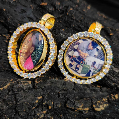 Customized Double-Side Photo Necklace – Personalized Picture Pendant with Cubic Zirconia, Hip Hop Jewelry Gift for Men & Women