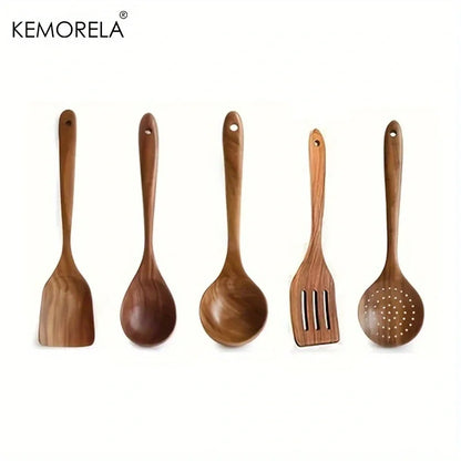 5PCS Thailand Teak Wooden Cooking Spoon Set – Natural Kitchen Ladle, Turner, Rice Colander & Soup Skimmer Utensils