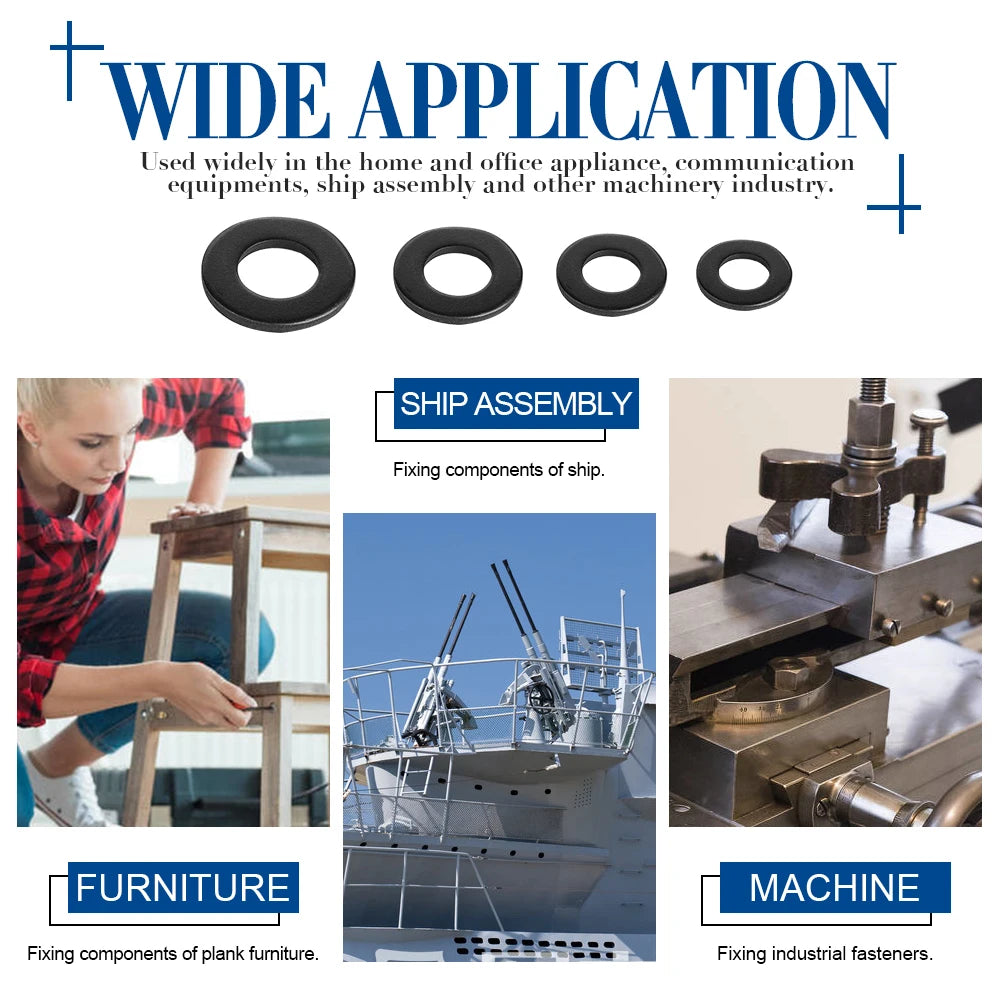 1-100pcs Black Flat Washers — M2 to M36 Carbon Steel Plain Gaskets