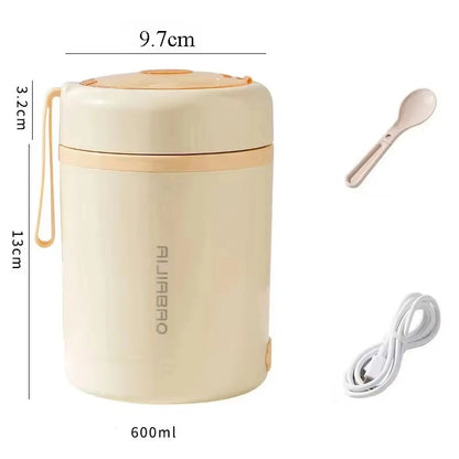 600ML USB Electric Heating Lunch Box — Portable Stainless Steel Food Warmer for Picnic, Milk, and Drinks (5V/12V/24V)