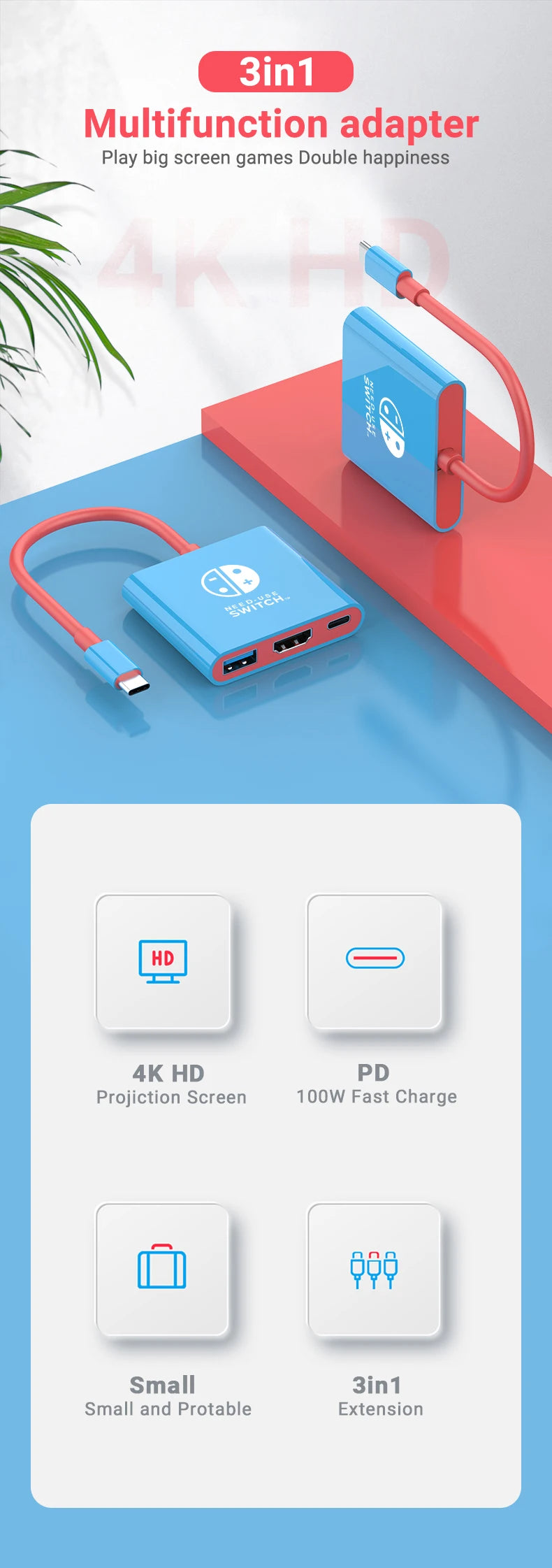 Portable Nintendo Switch Docking Station — Type-C Hub with HDMI & USB 3.0 for Travel Gaming