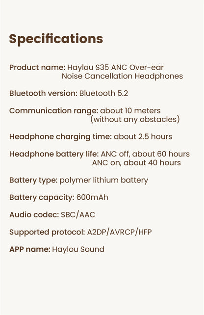 HAYLOU S35 ANC Wireless Headphones - Over-Ear Bluetooth 5.2, 42dB Active Noise Cancelling, 60-Hour Battery, 40mm Dynamic Driver
