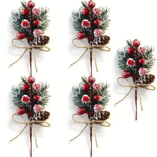 Set of 5 Realistic Artificial Winter Berries & Pine Branches – Christmas Home Decor