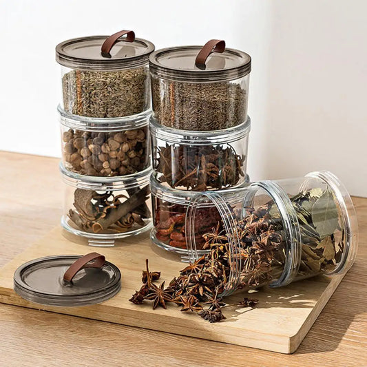 Airtight Round Spice Jars – Stackable Clear Seasoning Storage Organizer with Handle for Kitchen & Pantry