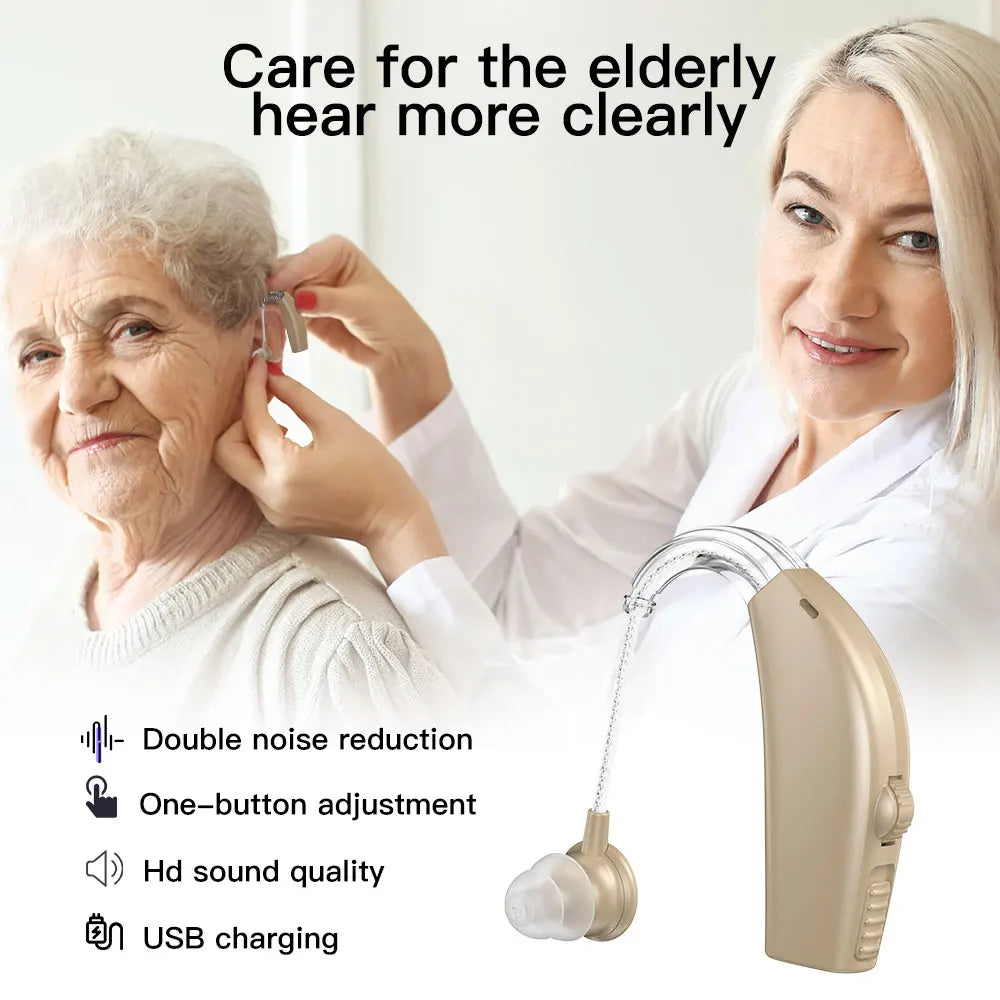 Single Piece Rechargeable BTE Hearing Aid - Noise Reduction Sound Amplifier for Deafness