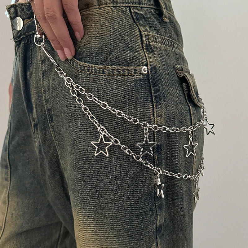 Unisex Jeans Pants Chain Belts - Punk Metal Crescent Geometric Bag Chain, Hip Hop Hipster Keychain for Men & Women