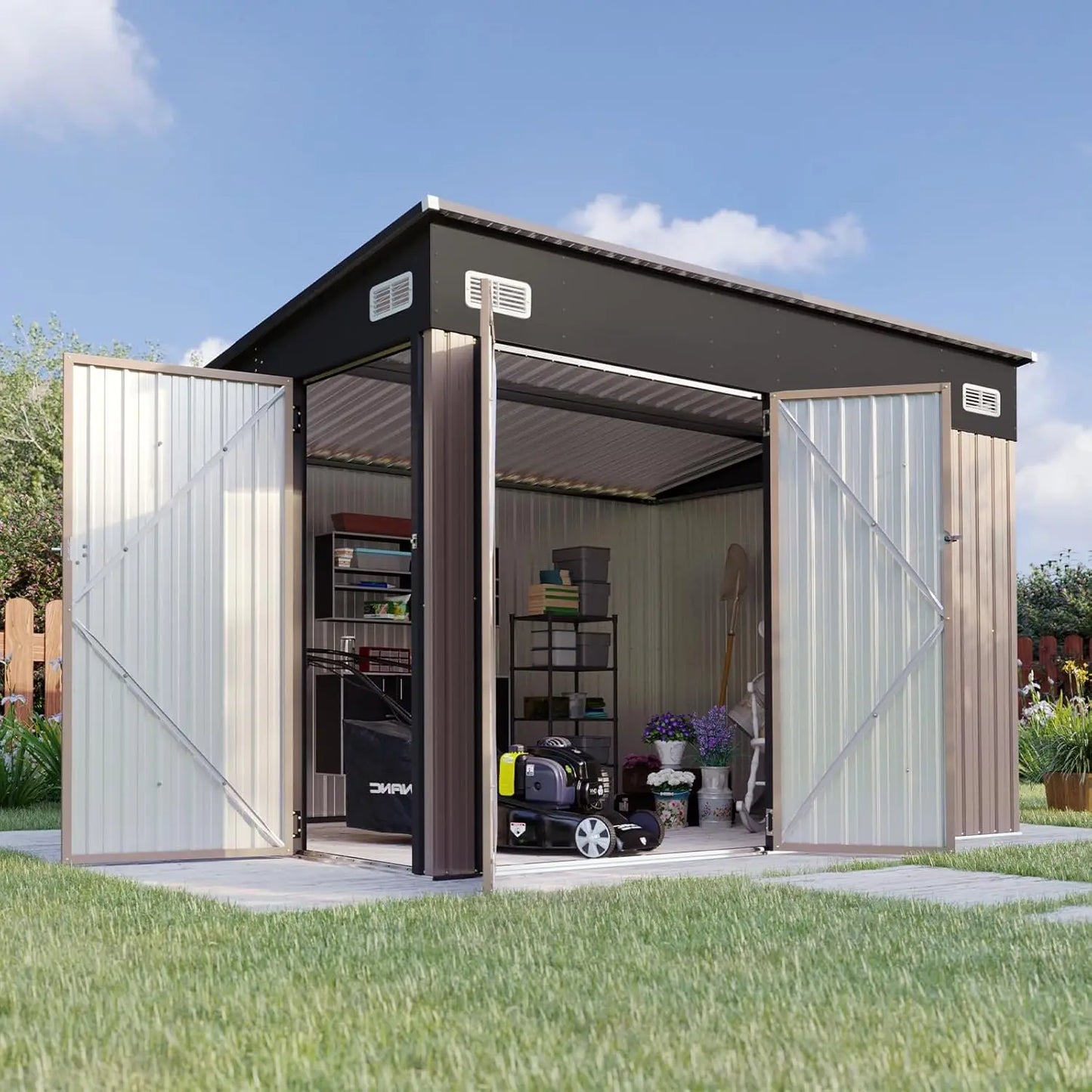 11.5'x7.5' Outdoor Metal Storage Shed – Triple Lockable Door with Sloping Roof for Tools & Bicycles