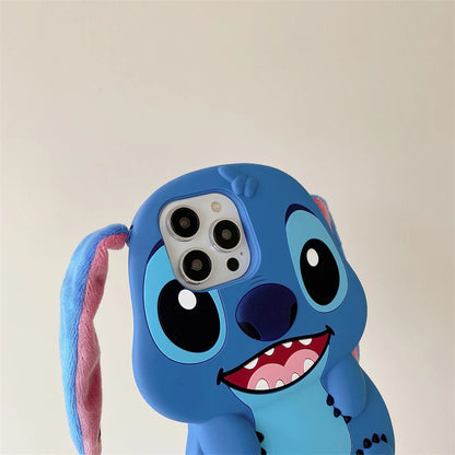 3D Stitch Plush Phone Case — Soft Silicone Cartoon Cover with Ear Strap for iPhone 11-16 Pro Max