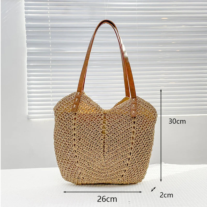Handmade Woven Straw Beach Bag – Large Capacity Women’s Raffia Shoulder Tote for Summer Travel