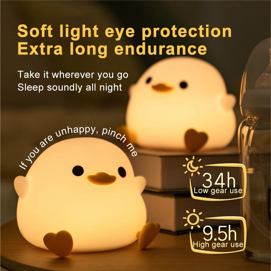 Cartoon Duck Silicone LED Night Light: Cute Animal Lamp with Touch Sensor Timing - USB Rechargeable, Perfect for Children, Birthday Gifts