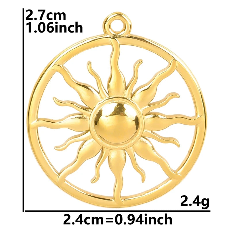 6pcs Real Gold-Plated Sun Charms - Stainless Steel Jewelry Making Pendants, Heart, Moon & Sunshine Design