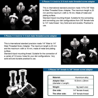 1/4" to 3/8" Female Screw Adapter – Metal Spigot Stud Male Converter for Flash, Light, Tripod & Photo Studio Accessories