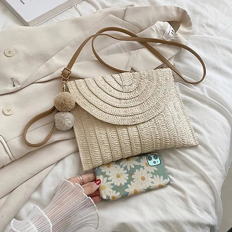 Handmade Straw Beach Bag – Small Woven Summer Shoulder Crossbody Clutch with Hair Ball
