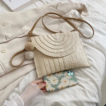Handmade Straw Beach Bag – Small Woven Summer Shoulder Crossbody Clutch with Hair Ball