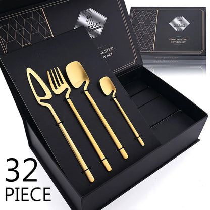 32-Piece Black Matte Stainless Steel Cutlery Set – Knife, Fork, Spoon Dinnerware for Bar, Party & Kitchen