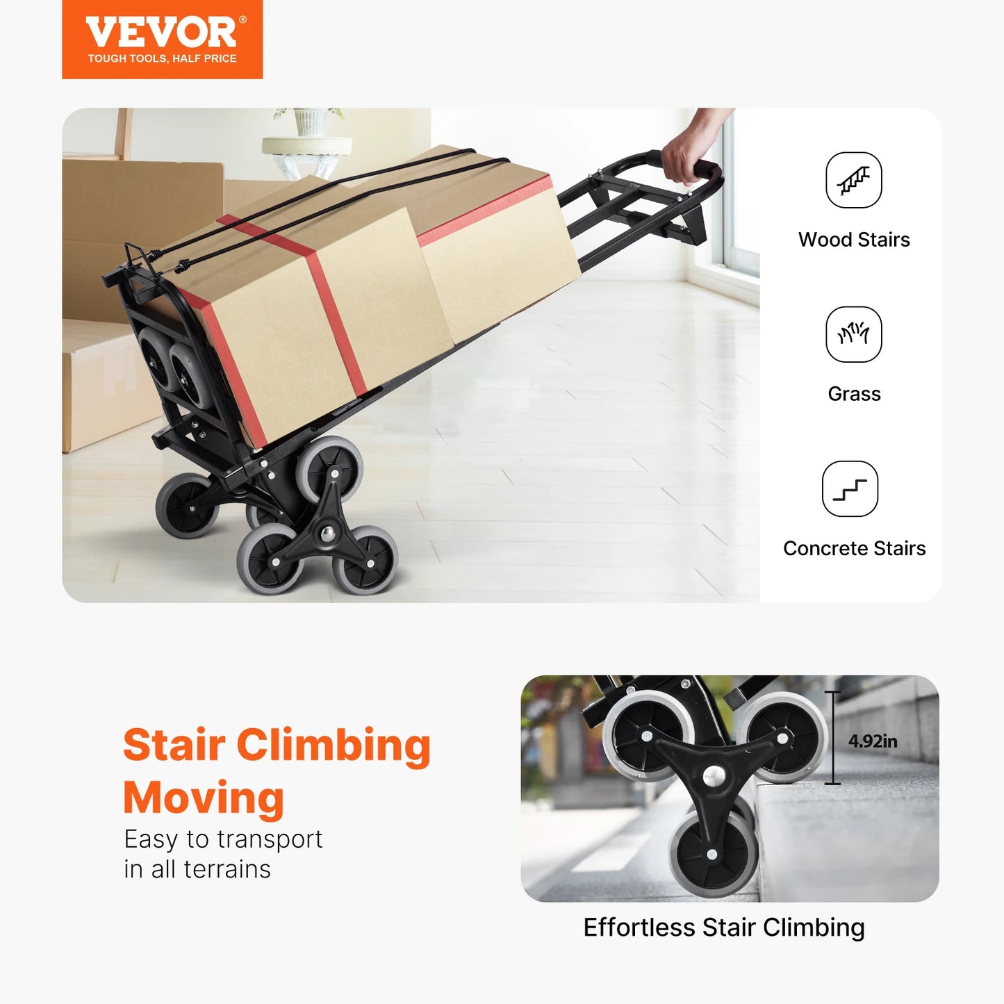 VEVOR 460 lbs Stair Climbing Folding Hand Truck – 6-Wheel Dolly with Handle & Elastic Ropes for Shopping, Moving, Warehouse