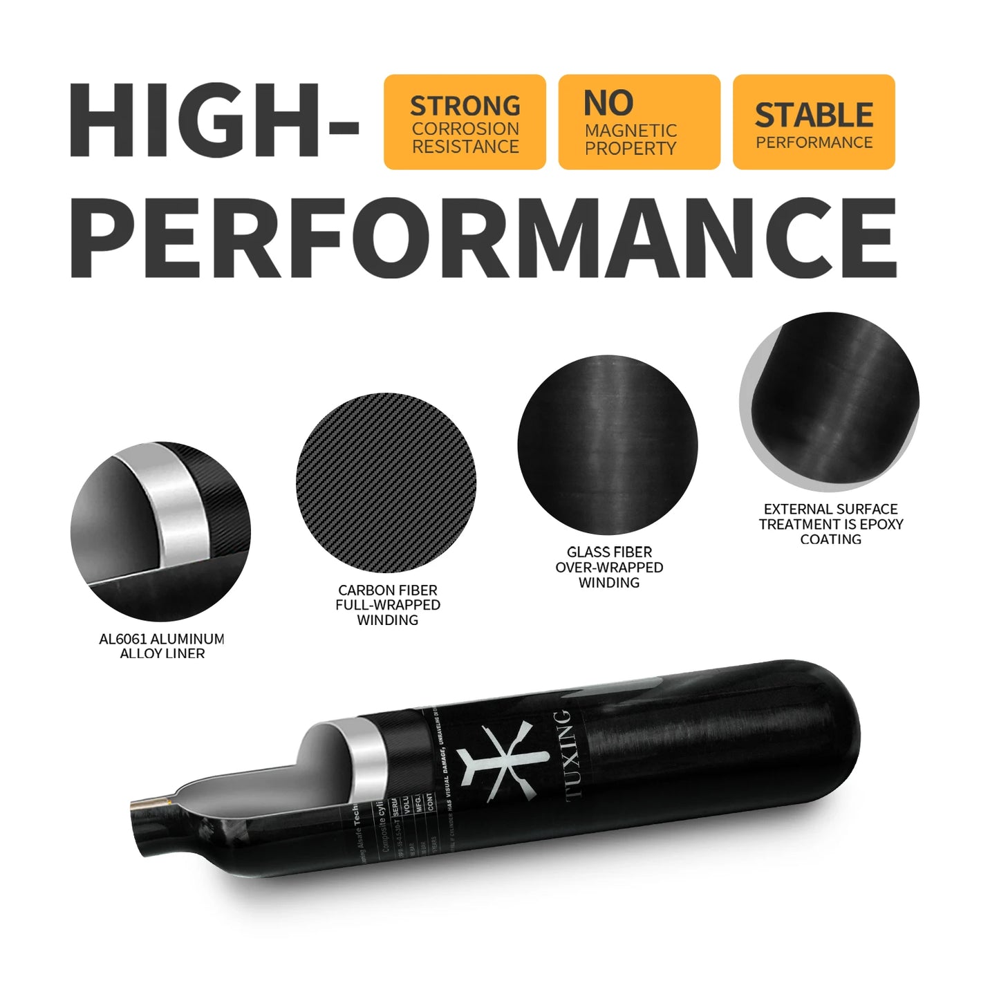 TUXING 4500PSI 300BAR 30MPA 0.5L Carbon Fiber Scuba Diving Cylinder HPA High-Pressure Tank M18*1.5