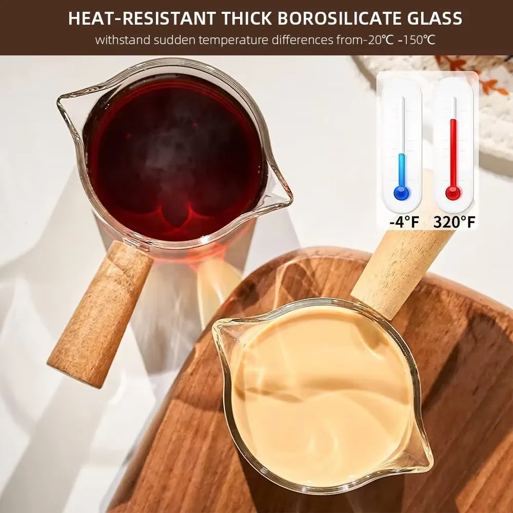 75ML Glass Coffee Measuring Cup with Wooden Handle — Espresso, Milk & Latte Transparent Cup with Scale, Kitchen Coffee Barista Tool