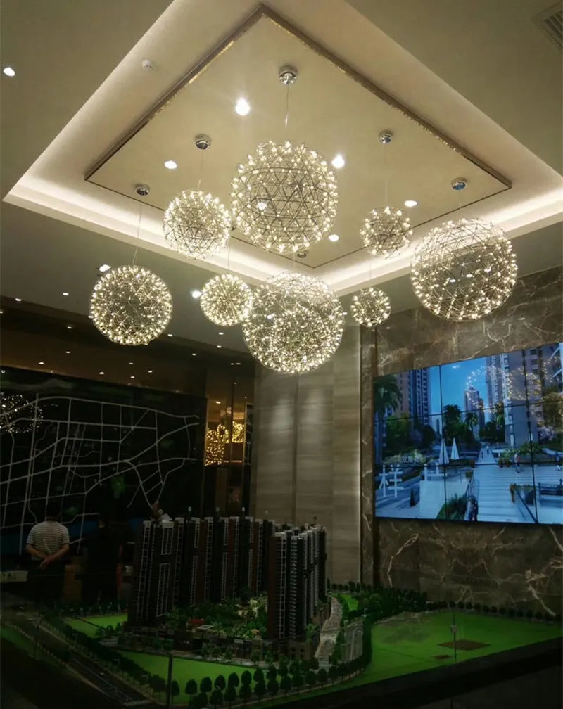 Italy Designer Spark Ball LED Chandelier – Stainless Steel Firework Pendant Lamp with Remote for Loft Living Room Decor