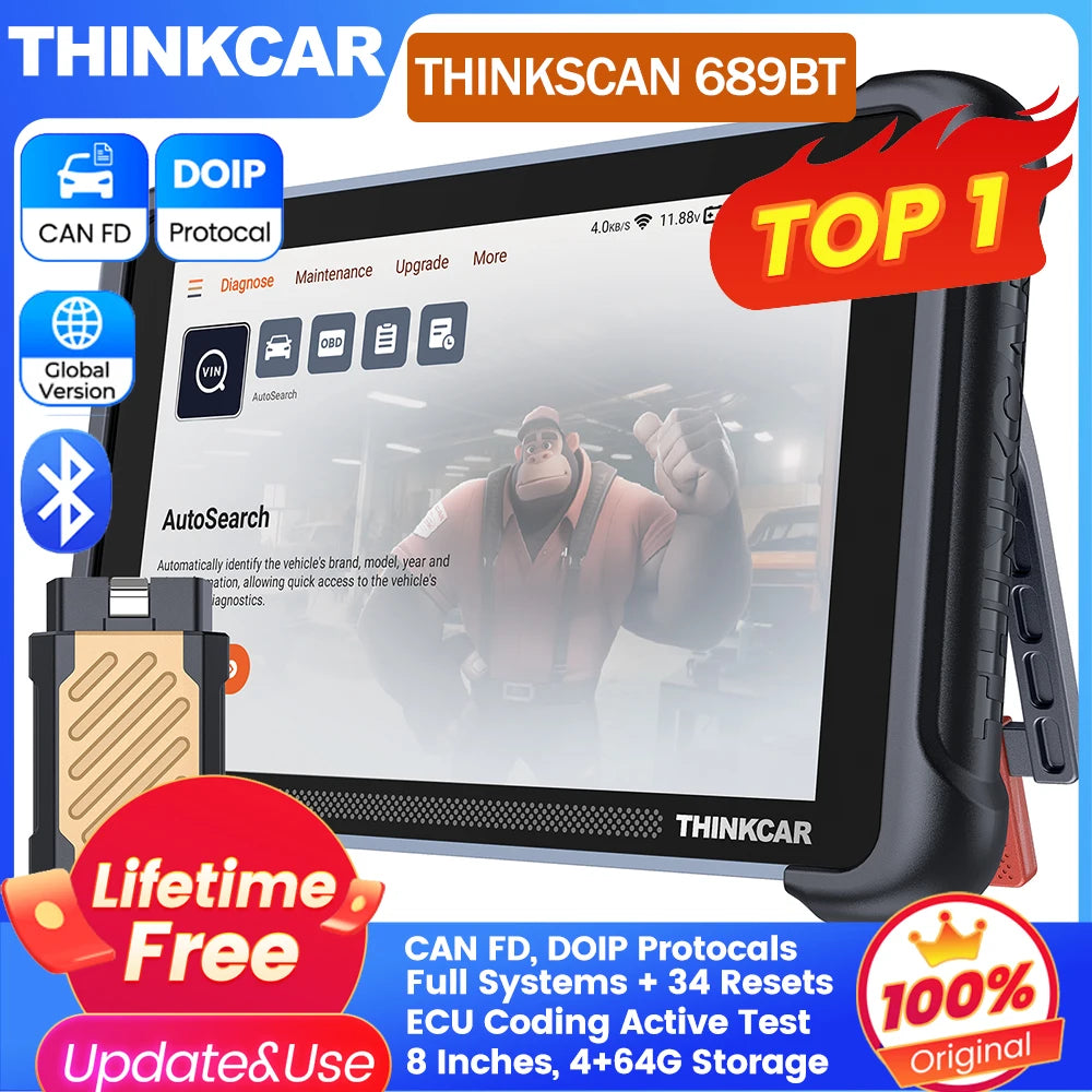 Global THINKCAR THINKSCAN 689BT OBD2 Diagnostic Tool – DOIP CANFD Bi-Directional ECU Coding with 34 Resets & Lifetime Free Updates