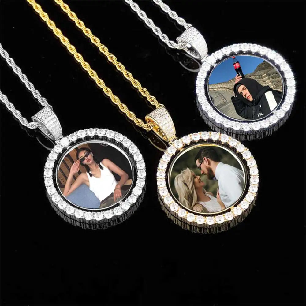 Customized Double-Side Photo Necklace – Personalized Picture Pendant with Cubic Zirconia, Hip Hop Jewelry Gift for Men & Women