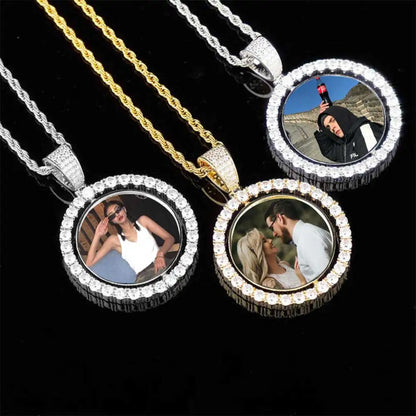 Customized Double-Side Photo Necklace – Personalized Picture Pendant with Cubic Zirconia, Hip Hop Jewelry Gift for Men & Women