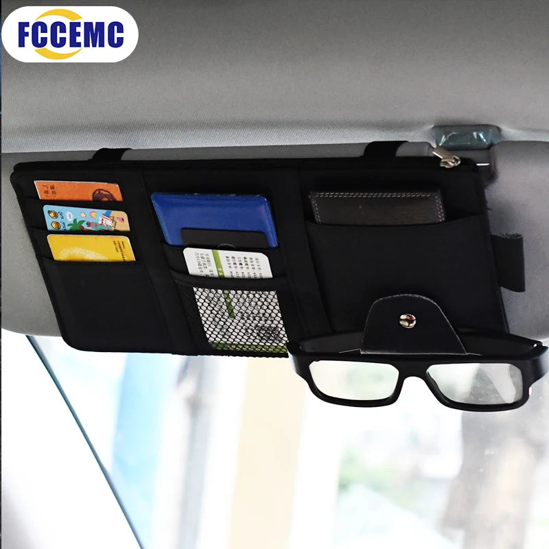 Car Sun Visor Glasses Storage | PU Leather Multi-Function Organizer Pocket | Auto Sunglasses & Cards Holder